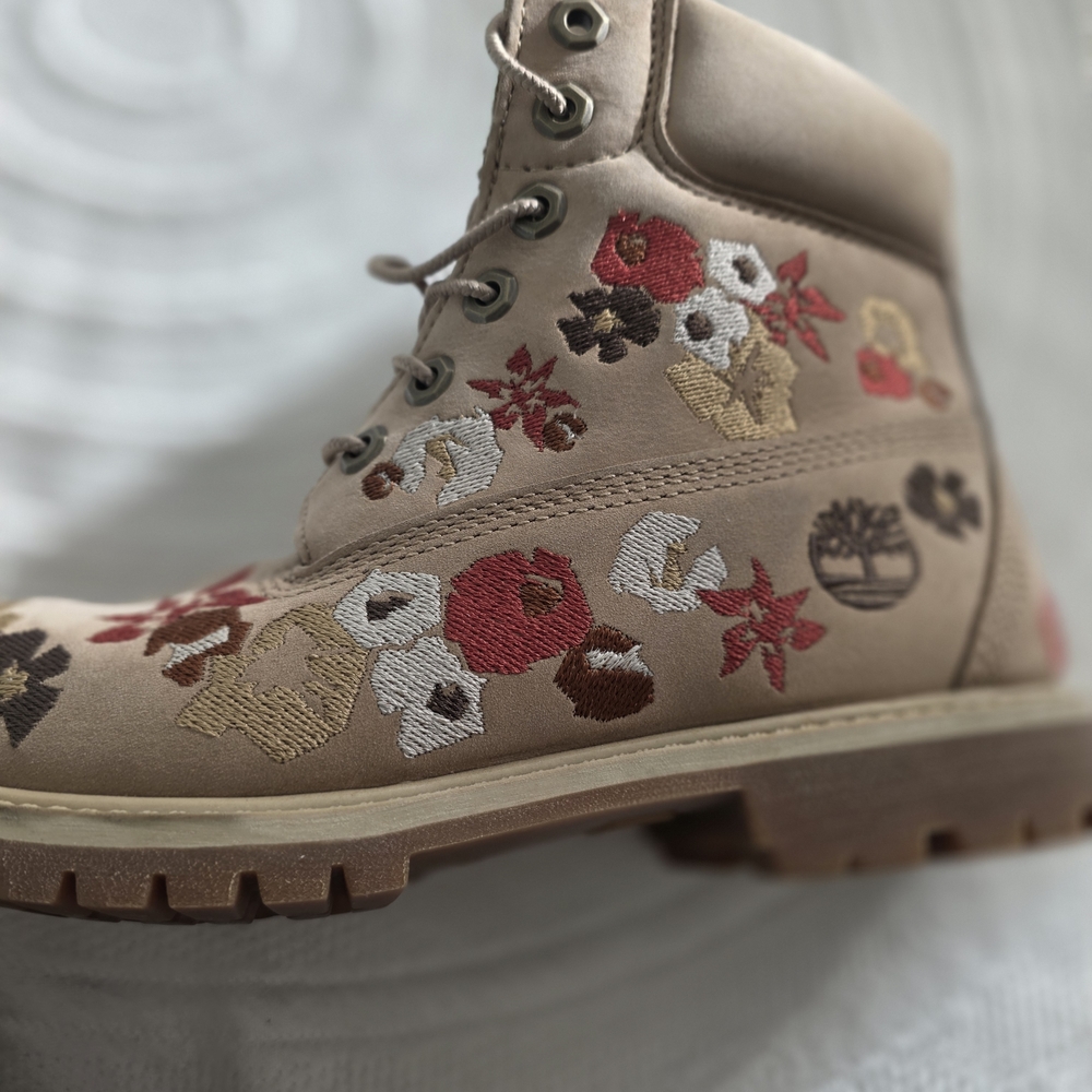 Timberland Floral Embroidered Combat Boots - Tan, Red, Brown, Cream - Picture 2 of 10